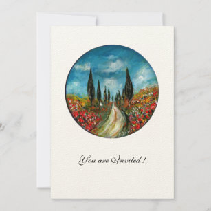CYPRESS TREES AND POPPIES IN TUSCANY,red blue felt Invitation