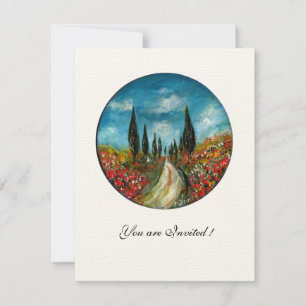 CYPRESS TREES AND POPPIES IN TUSCANY,red blue felt Invitation