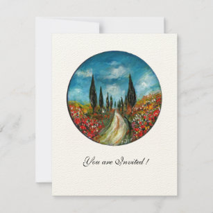 CYPRESS TREES AND POPPIES IN TUSCANY,red blue felt Invitation
