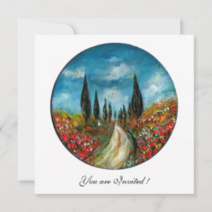 CYPRESS TREES AND POPPIES IN TUSCANY, red blue Invitation