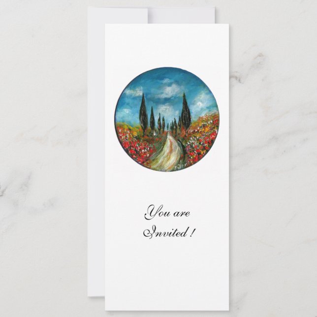 CYPRESS TREES AND POPPIES IN TUSCANY, red blue Invitation (Front)