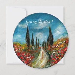CYPRESS TREES AND POPPIES IN TUSCANY, red blue Invitation