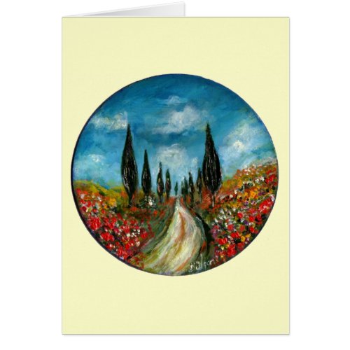 CYPRESS TREES AND POPPIES  IN TUSCANY ROUND