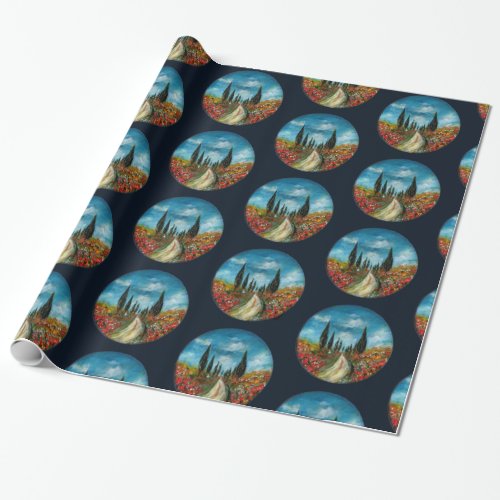 CYPRESS TREES AND POPPIES  IN TUSCANY ROUND Blue Wrapping Paper