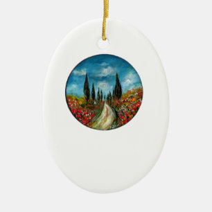 CYPRESS TREES AND POPPIES IN TUSCANY ROUND CERAMIC ORNAMENT
