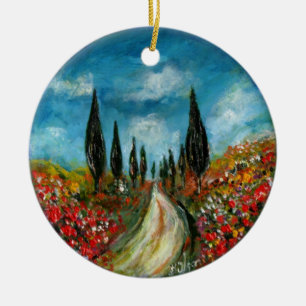 CYPRESS TREES AND POPPIES IN TUSCANY ROUND CERAMIC ORNAMENT
