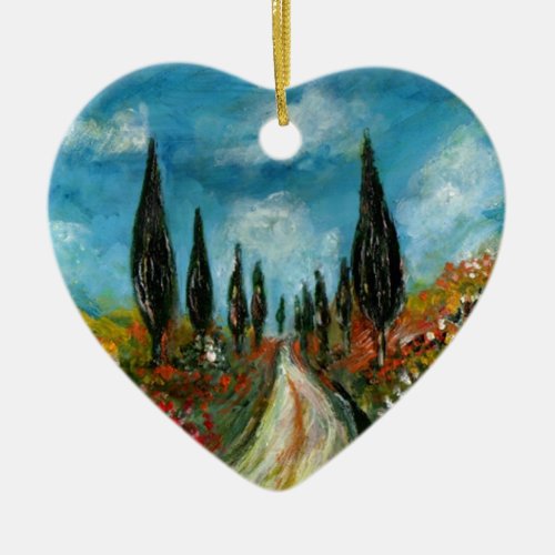 CYPRESS TREES AND POPPIES  IN TUSCANY ROUND CERAMIC ORNAMENT