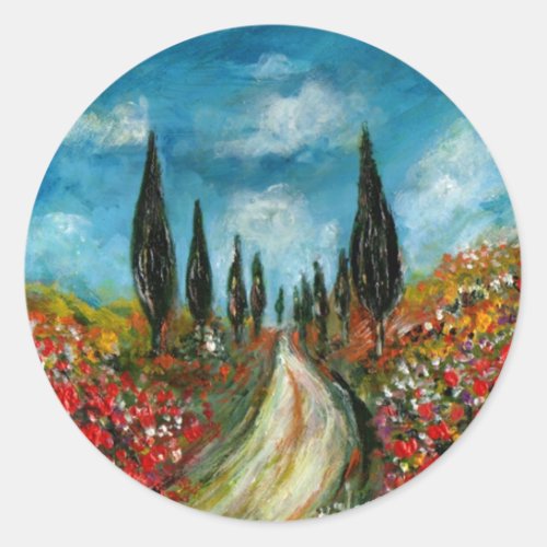 CYPRESS TREES AND POPPIES  IN TUSCANY ROUND CLASSIC ROUND STICKER