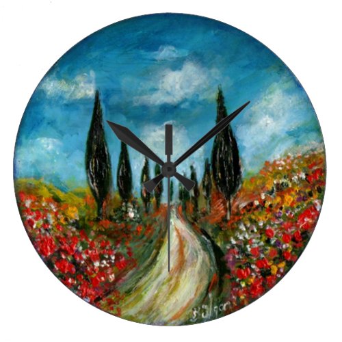 CYPRESS TREES AND POPPIES  IN TUSCANY ROUND LARGE CLOCK