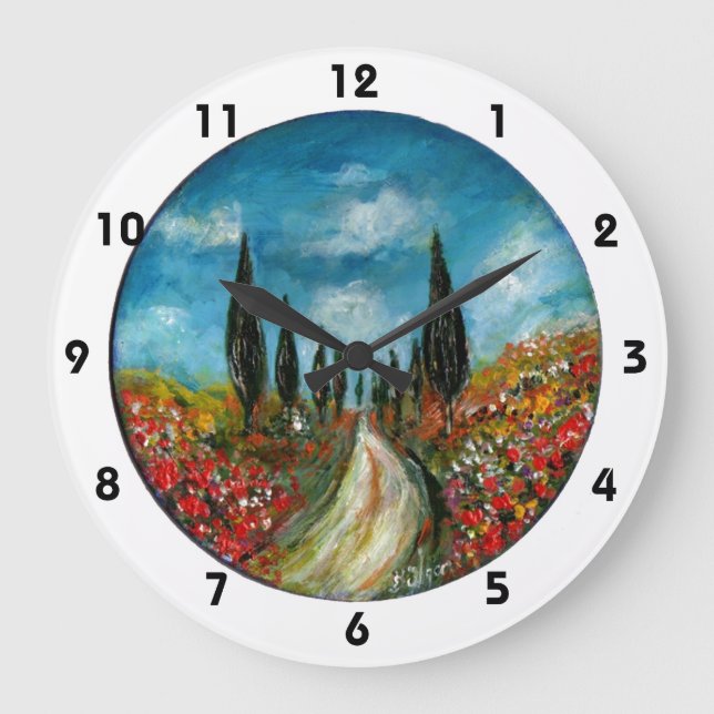 CYPRESS TREES AND POPPIES  IN TUSCANY ROUND LARGE CLOCK (Front)