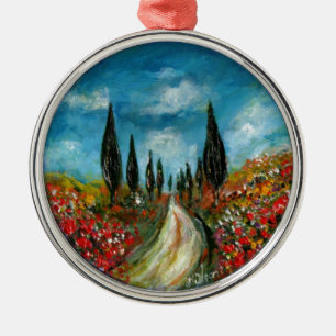 CYPRESS TREES AND POPPIES IN TUSCANY ROUND METAL ORNAMENT