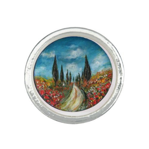 CYPRESS TREES AND POPPIES  IN TUSCANY ROUND RING