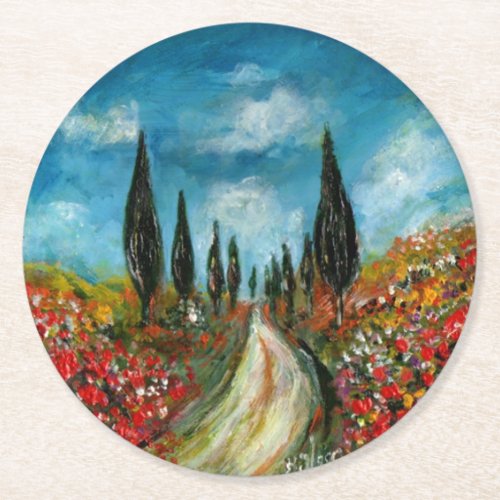 CYPRESS TREES AND POPPIES  IN TUSCANY ROUND ROUND PAPER COASTER
