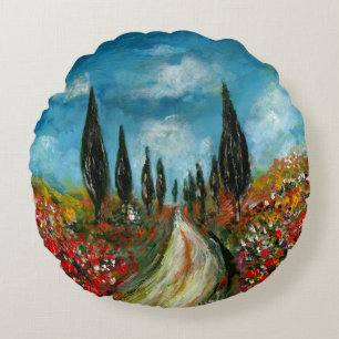 CYPRESS TREES AND POPPIES IN TUSCANY ROUND ROUND PILLOW