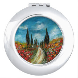 CYPRESS TREES AND POPPIES  IN TUSCANY ROUND VANITY MIRROR