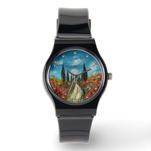 CYPRESS TREES AND POPPIES  IN TUSCANY ROUND WATCH