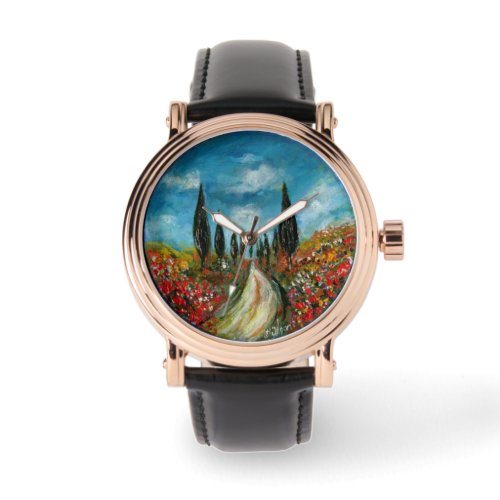 CYPRESS TREES AND POPPIES  IN TUSCANY ROUND WATCH