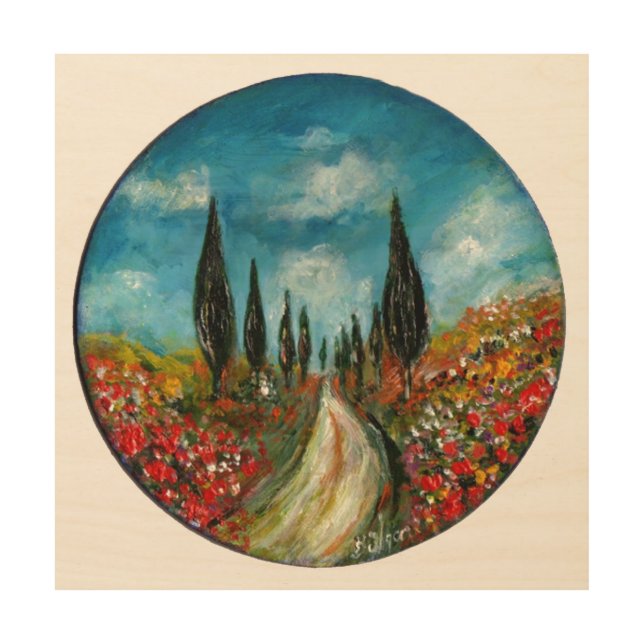 CYPRESS TREES AND POPPIES  IN TUSCANY ROUND WOOD WALL ART (Front)