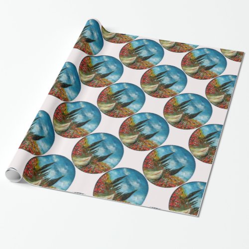 CYPRESS TREES AND POPPIES  IN TUSCANY ROUND WRAPPING PAPER