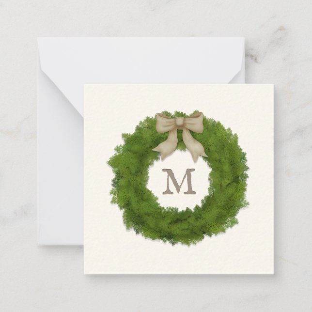 Cypress Wreath With Rustic Bow Custom Monogrammed Note Card (Front)
