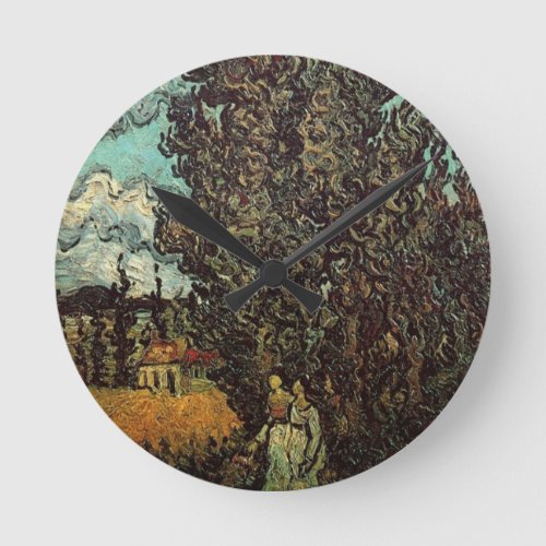 Cypresses and Two Women by Vincent van Gogh Round Clock