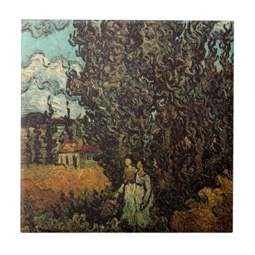 Cypresses and Two Women by Vincent van Gogh Tile