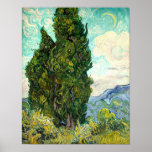 Cypresses tree Vincent Van Gogh landscape Fine Art Poster<br><div class="desc">Vincent van Gogh's well-known paintings of the expressive twirling cypress tree against the vivacious blue cloud sky are depicted in this well-known Post-Impressionist landscape painting Cypresses (1889) art print poster. While he was a patient in the Saint-Paul facility in Saint-Rémy, Vincent van Gogh painted cypresses. While he was a patient...</div>