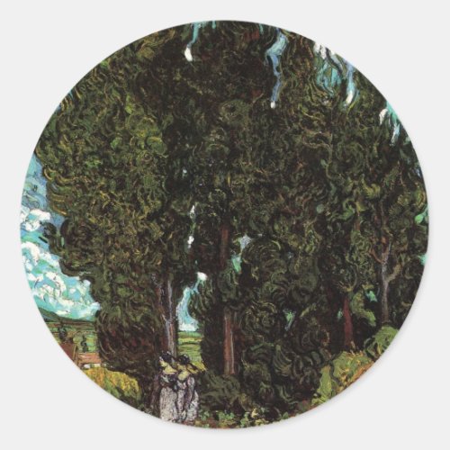 Cypresses with Female Figures by Vincent van Gogh Classic Round Sticker