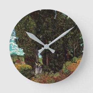 Cypresses with Female Figures by Vincent van Gogh Round Clock