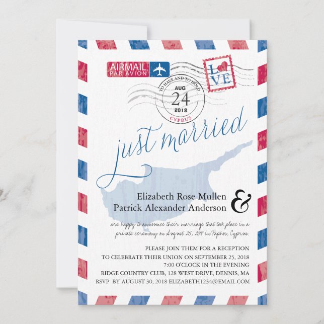 Cyprus Antique Airmail Just Married Post Reception Invitation (Front)