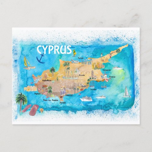 Cyprus Illustrated Map with Main Roads Landmarks  Postcard