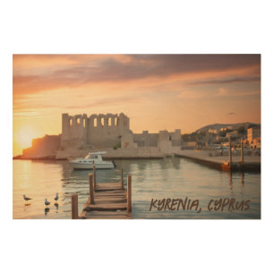 Cyprus Kyrenia Watercolor Sketch with Yacht Wood Wall Art