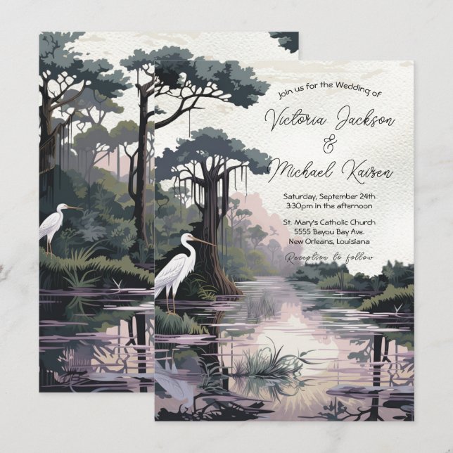 Cyprus Tree Crane Bayou Wedding Invitation (Front/Back)