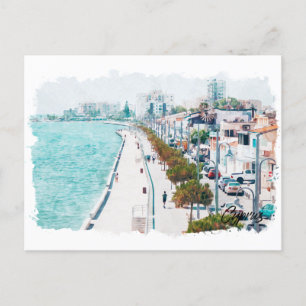 Cyprus Watercolor Beach Vintage Travel Postcard