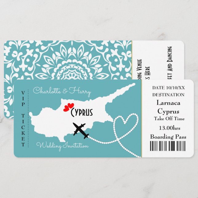 Cyprus Wedding Destination Europe Ticket Invitation (Front/Back)
