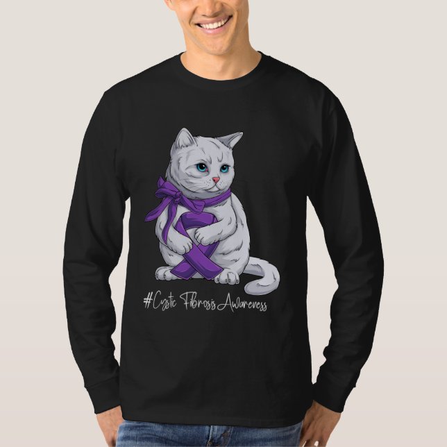 Cystic Fibrosis Awareness Month Purple Ribbon Cat T-Shirt (Front)