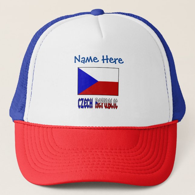 Czech and Czech Republic Flag Blue Personalized Trucker Hat (Front)