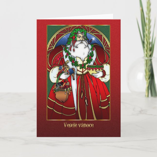 Czech Christmas Card - Santa Claus - Red And Gold (Front)