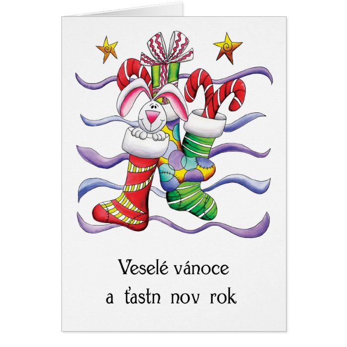 Czech   Christmas Stocking With Rabbit And Gifts   Cards