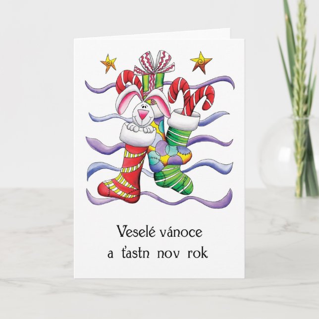 Czech - Christmas Stocking With Rabbit And Gifts - Holiday Card (Front)