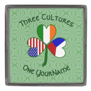 Czech Ireland USA Shamrock Flag Personalized  Gunmetal Finish Lapel Pin