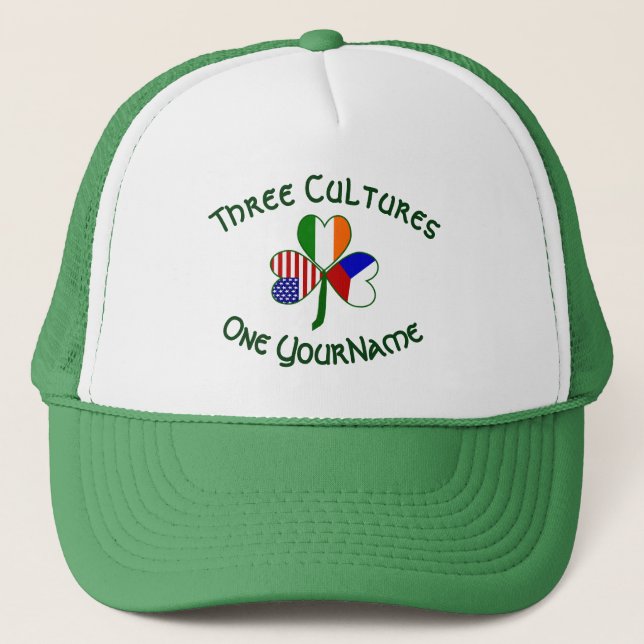 Czech Irish American Flags Shamrock Personalized  Trucker Hat (Front)
