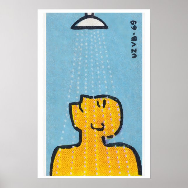 Czech Matchbox Art Print, Man Under Shower Poster (Front)