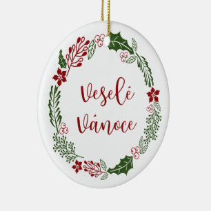 Czech Merry Christmas Wreath, Veselé vánoce Ceramic Ornament