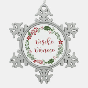 Czech Merry Christmas Wreath, Veselé vánoce Snowflake Pewter Christmas Ornament