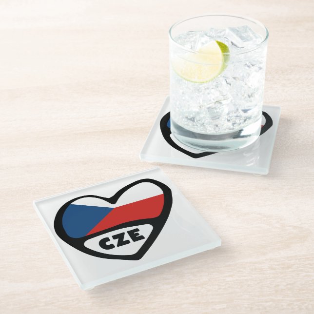 Czech Republic Country Code Flag Heart, CZE Glass Coaster (Angled)