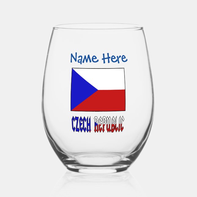 Czech Republic Czechia Flag Blue Personalization  Stemless Wine Glass (Front)