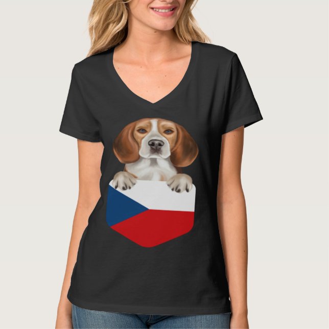 Czech Republic Flag Beagle Dog In Pocket T-Shirt (Front)
