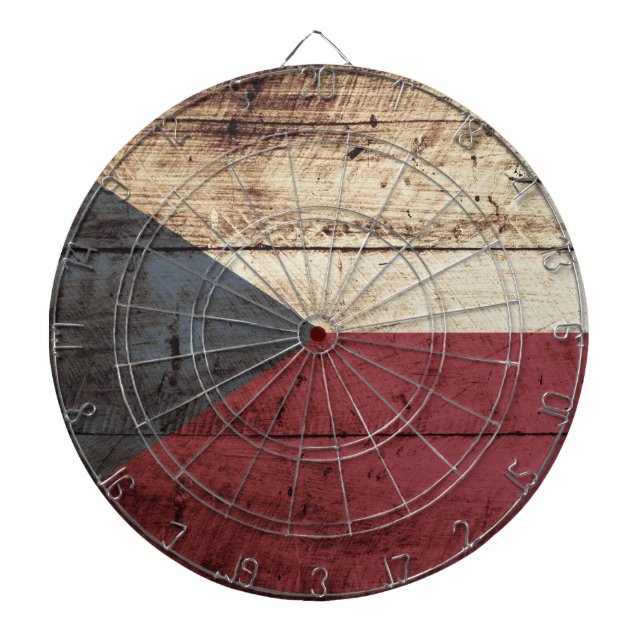 Czech Republic Flag on Old Wood Grain Dartboard With Darts (Front)