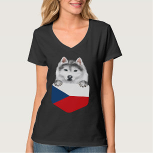 Czech Republic Flag Siberian Husky Dog In Pocket T-Shirt